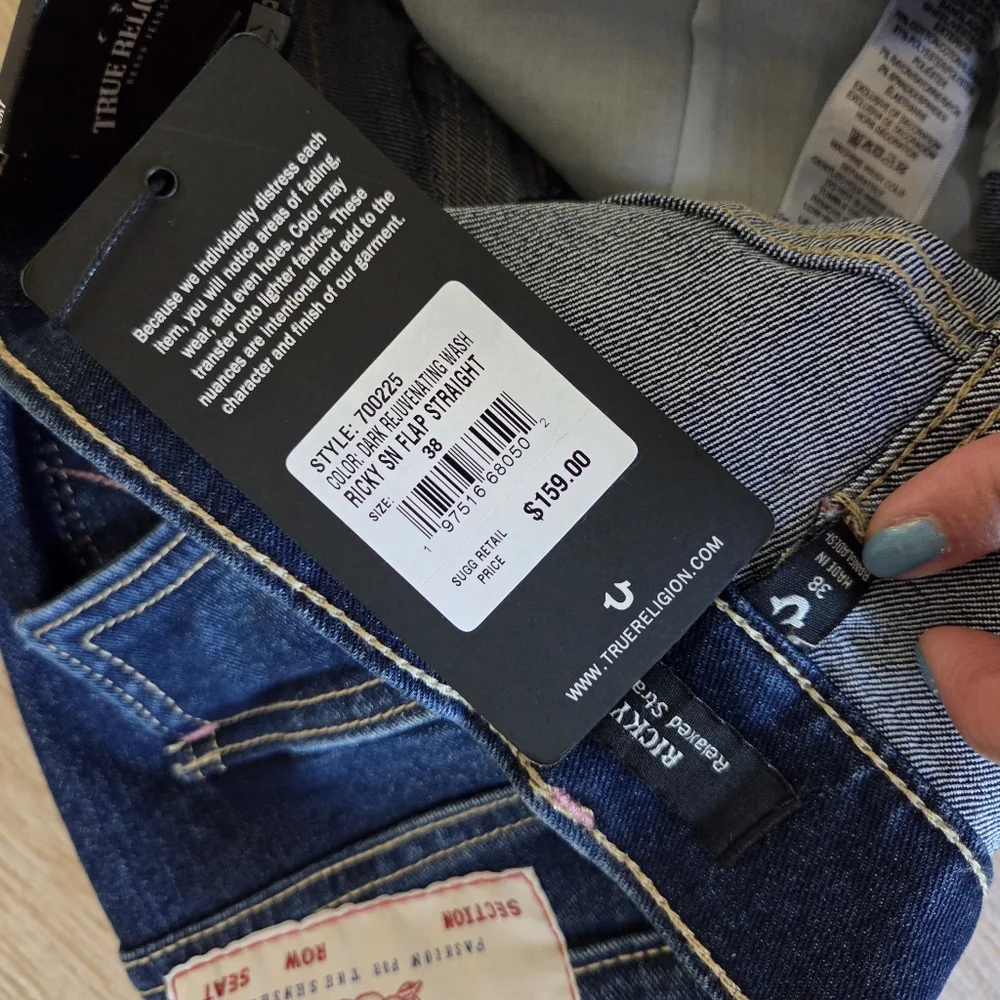 True Religion Jeans Mens 38x34 Ricky Flap SN Relaxed Dark Wash Stitch Denim